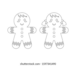 Gingerbread boy and gingerbread girl vector illustration cartoon colorless for coloring book. Christmas cookies cute vector cartoon. 