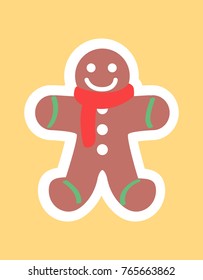 Gingerbread boy sticker in white framing vector illustration of sweet cookie isolated on beige background. Cute smiling dessert in red scarf