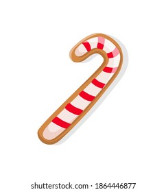 Gingerbread of bright candy cane, baked cookie icon in realistic style isolated on white. Traditional shape of dessert for New Year and Christmas vector