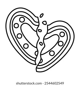 Gingerbread broken heart doodle style. Hand drawn black and white isolated holiday baking. Coloring page art therapy, line art Christmas sweet. Vector illustration