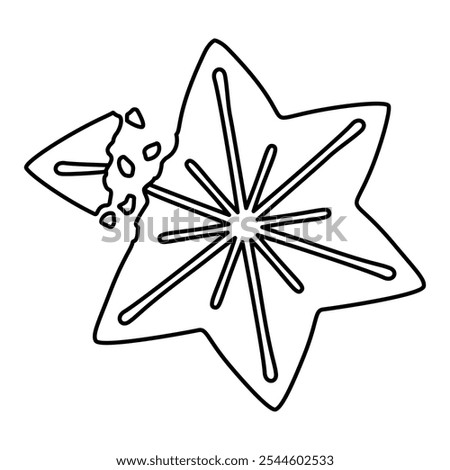 Gingerbread broken star doodle style. Hand drawn black and white isolated holiday baking. Coloring page art therapy, line art Christmas sweet. Vector illustration