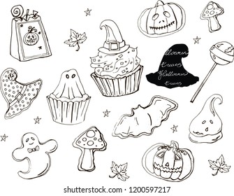 Gingerbread, cake and candy for a Halloween in the form of funny characters. Vector in black and white