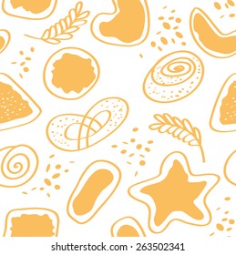 Gingerbread, cakes and pretzels in flat linear illustration for identity and package. Vector seamless pattern.