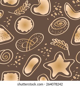 Gingerbread, cakes and pretzels in flat linear illustration for identity and package. Vector seamless pattern.