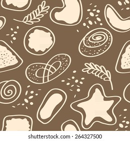 Gingerbread, cakes and pretzels in flat linear illustration for identity and package. Vector seamless pattern.