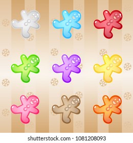 Gingerbread Candy Block Puzzle Colorful match 3 button glossy jelly. 2d asset for user interface GUI in mobile application or casual video game. Vector for web or game design. Decorative GUI elements.