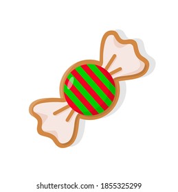 Pan de jengibre de dulces con cubierta brillante de rayas rojas y verdes. Galleta de color al horno dulce de estilo realista aislado en blanco, forma del vector de postre