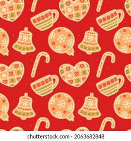 Gingerbread candy cane, bauble, bell. Cup. Heart. Christmas red seamless pattern with cookie in the form of mans, mittens, stockings. Isolated vector stock illustration EPS 10.