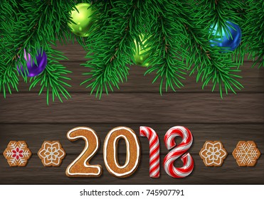 Gingerbread candy cane numbers of 2018 and snowflakes cookies vector illustration on wood background with pine tree