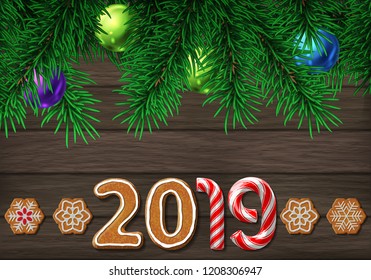 Gingerbread candy cane numbers of 2019 and snowflakes cookies vector illustration on wood background with pine tree