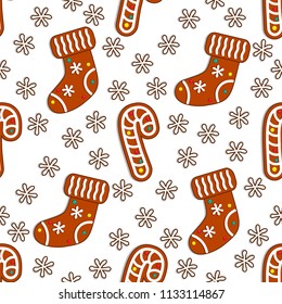 Gingerbread candy seamless pattern on white background with christmas candy  stick and sock. Vector illustration.