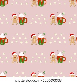 Gingerbread and Cappucino coffee with pink background pattern. Vector illustration seamless pattern. Ideally designed for decoration in the Christmas season or home decoration. 