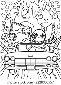 
Gingerbread in the car. Sweet house. Christmas and New Year. Coloring book for children. Black and white vector illustration.