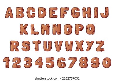 Gingerbread Cartoon Alphabet. Font From Letters And Numbers In The Form Of Gingerbread With Chocolate Chips. Cookie Lettering. Isolated Objects For Books, Textile, Cards. Vector Cartoon Style.