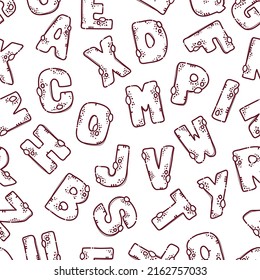 Gingerbread Cartoon Alphabet. Font From Letters In The Form Of Gingerbread With Chocolate Chips. Cookie Lettering. Seamless Pattern For Backgrounds, Wallpapers, Textile Composition. Vector Sketch.