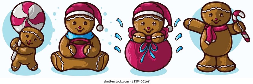 gingerbread cartoon character poses vector illustration