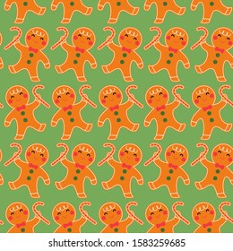 gingerbread character with candy cane seamless pattern background