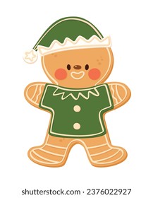 Gingerbread character with elf fairy suit. Christmas cookies. Xmas biscuits with sweet sugar glaze. Flat cartoon style vector illustration isolated on white background.