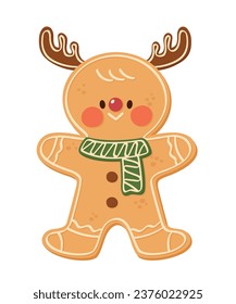 Gingerbread character with rudolph antlers. Christmas cookies. Xmas biscuits with sweet sugar glaze. Flat cartoon style vector illustration isolated on white background.