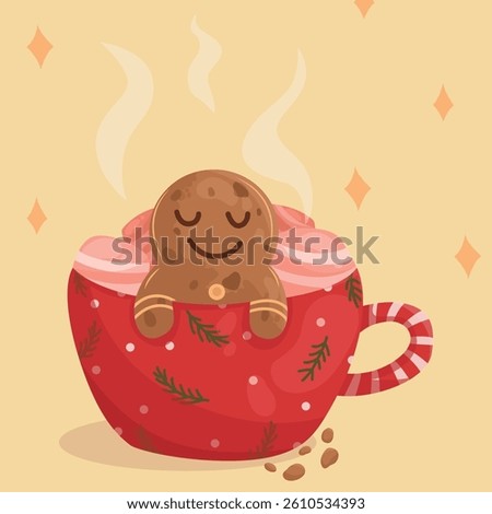 Gingerbread character sitting in a mug with marshmallows