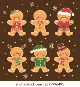 Gingerbread characters collection. Christmas cookies set. Xmas biscuits with sweet sugar glaze. Festive Holiday bakery and dessert. Flat cartoon style vector illustration