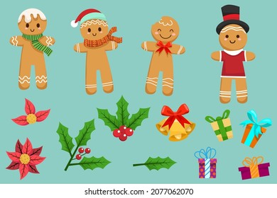 Gingerbread characters and element of christmas in various poses and scenes. Merry Christmas cutout element Holiday cards, invitations and website celebration decoration. Flat vector illustration