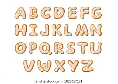 Gingerbread christmas alphabet pack. Merry Christmas and Happy New Year numbers are covered with icy sugar. Holidays ginger cookies isolated on white background. Vector illustration