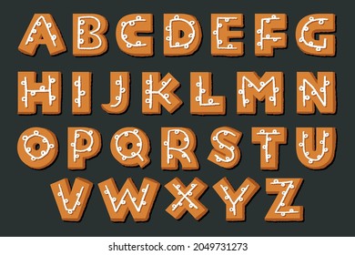 Gingerbread christmas alphabet. Sweet cookie letter set. Gourmet baking. Biscuit text. Pastry, ginger character. Cake font. Christmas candy design. Gingerbread. Food sign alphabet. Vector illustration