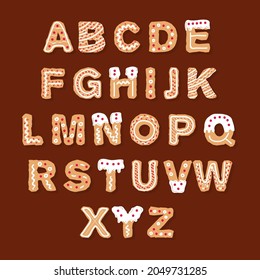 Gingerbread christmas alphabet. Sweet cookie letter set. Gourmet baking. Biscuit text. Pastry, ginger character. Cake font. Christmas candy design. Gingerbread. Food sign alphabet. Vector illustration