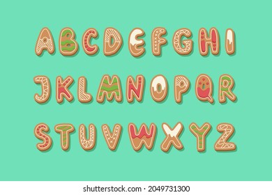 Gingerbread christmas alphabet. Sweet cookie letter set. Gourmet baking. Biscuit text. Pastry, ginger character. Cake font. Christmas candy design. Gingerbread. Food sign alphabet. Vector illustration
