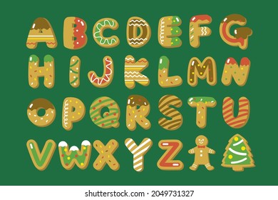 Gingerbread christmas alphabet. Sweet cookie letter set. Gourmet baking. Biscuit text. Pastry, ginger character. Cake font. Christmas candy design. Gingerbread. Food sign alphabet. Vector illustration