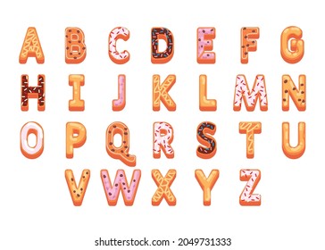 Gingerbread christmas alphabet. Sweet cookie letter set. Gourmet baking. Biscuit text. Pastry, ginger character. Cake font. Christmas candy design. Gingerbread. Food sign alphabet. Vector illustration
