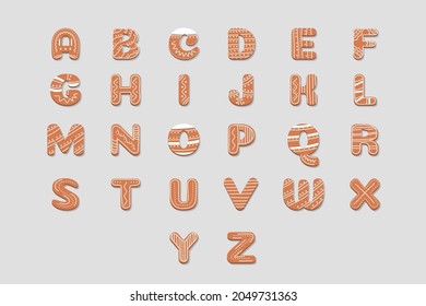 Gingerbread christmas alphabet. Sweet cookie letter set. Gourmet baking. Biscuit text. Pastry, ginger character. Cake font. Christmas candy design. Gingerbread. Food sign alphabet. Vector illustration
