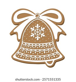 Gingerbread Christmas bell holiday cookie. Flat vector illustration in brown and white colors