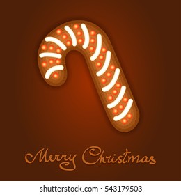 Gingerbread Christmas candy cane decorated icing. Holiday cookie in shape of Christmas candy cane for christmas, winter holiday, new year's day, new year's sweet pastry. Vector illustration