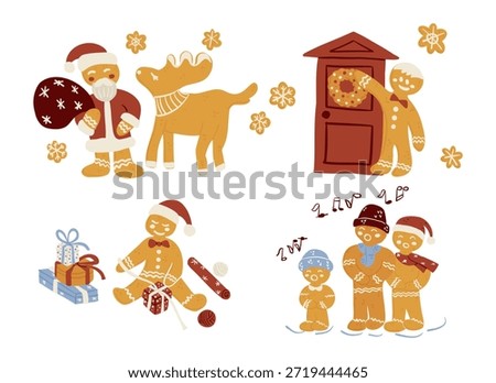 Gingerbread Christmas character set with Santa, reindeer, family, gifts and winter elements in cozy holiday style. Concept of festive warmth, tradition