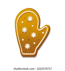 Gingerbread Christmas cookie figure. Mitten. Vector illustration isolated on white background. Holiday winter symbol. For greeting card, invitation, design.