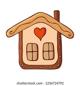 Gingerbread Christmas cookie. House. Design element for christmas decoration, design, greeting cards and invitations. Isolated on white background. Doodle style. Vector color hand drawn illustration.