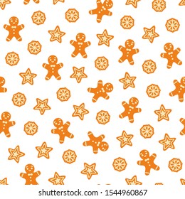 Gingerbread Christmas cookie pattern on white background. Great for wallpaper, background, wrapping paper, fabric, packaging, greeting cards, invitations