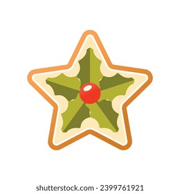 Gingerbread christmas cookie in star shape whith holly beery and leaves. Flat vector illustration isolated on white background