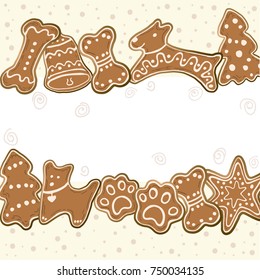 Gingerbread Christmas Cookies. Bell, dog, bone, star, trees, foot. Merry Christmas. New Year. Template for greeting card, postcard with space for text. Vector illustration