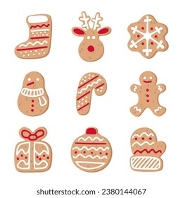 Gingerbread Christmas cookies collection. Flat cartoon style.