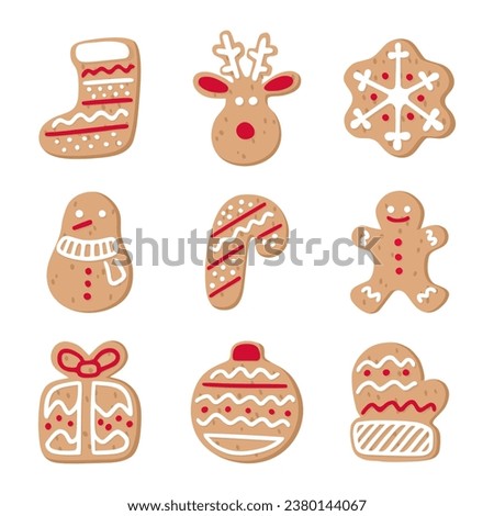Gingerbread Christmas cookies collection. Flat cartoon style.