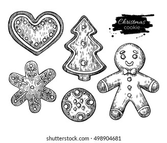 Gingerbread Christmas Cookies Decorated With Icing. Hand Drawn Vector Illustration. Traditional Xmas Ginger Cookie. Man, Heart, Fir Tree. Isolated Xmas Holiday Dessert.