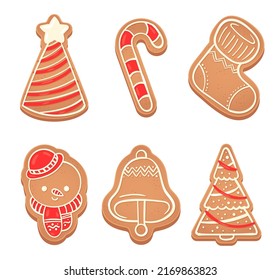 Gingerbread Christmas cookies in form of tree bell and socks. Vector christmas cookie gingerbread illustration, sweet for celebration, candy biscuit bell and tree