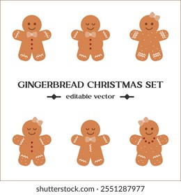 Gingerbread christmas cookies icon set for december winter holiday season graphic design. Editable EPS vector in flat cartoon style.