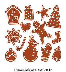 Gingerbread Christmas Cookies icon set isolated on white background.  Flat collection for your holiday design. Vector illustration