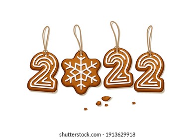 Gingerbread Christmas cookies number 2022. Xmas holiday sweet bread biscuits with sugary icing and strings vector illustration. Traditional winter decoration on white background.