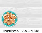 Gingerbread Christmas cookies on blue plate with snowflakes on wooden table. Top view vector illustration for new year and winter holiday design.
