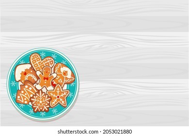 Gingerbread Christmas cookies on blue plate with snowflakes on wooden table. Top view vector illustration for new year and winter holiday design.